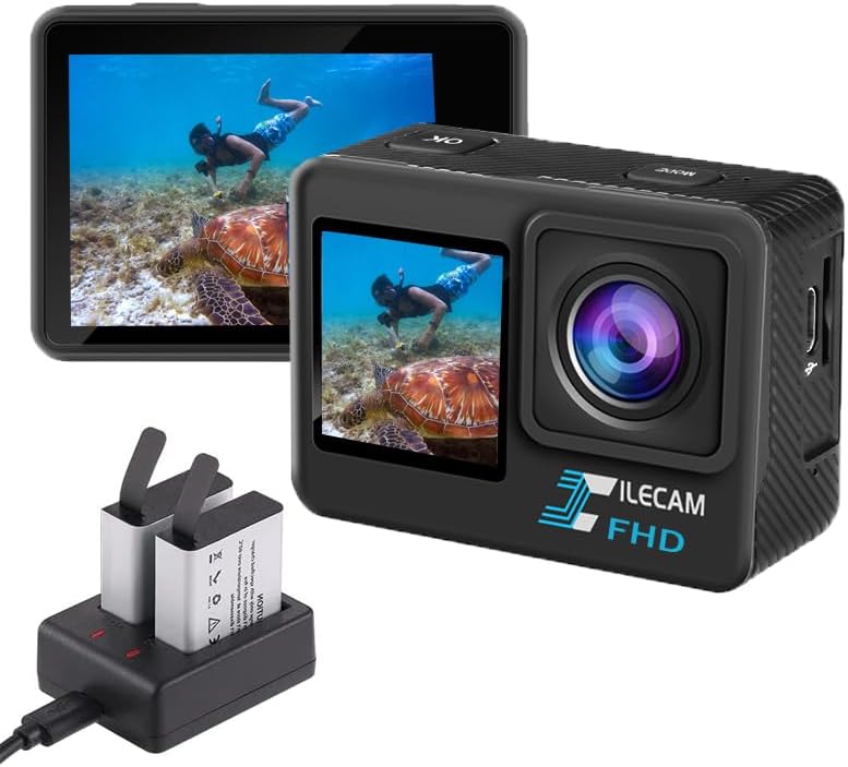 Dual Screen Action Camera 1080P WiFi Waterproof Camera 4*Zoom 131FT(40m) Waterproof Underwater Camera with 2X 1050mAh Batteries and Multifunctional Accessories Sports Camera