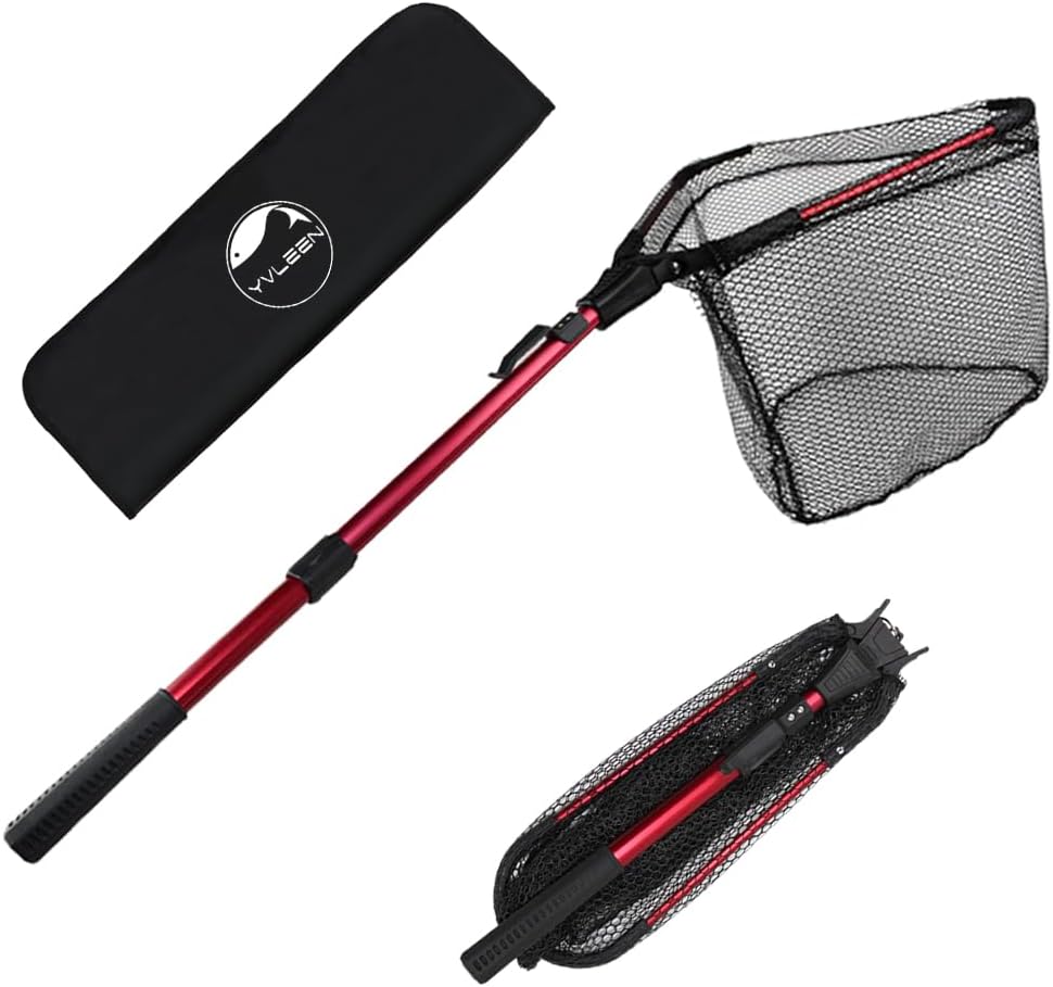 YVLEEN Folding Fishing Net – Foldable Fish Landing Net Robust Aluminum Telescopic Pole Handle and Nylon Mesh 16inch Hoop Size